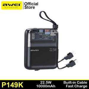 Awei P149K 10000mAh Multiple Output Powerbank Fast Charge 22.5W with Built-in Cable Long Battery Life LED Display