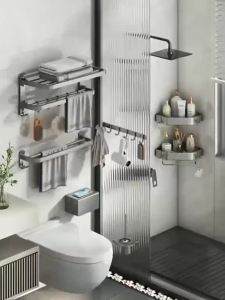 [OKLIFE®]No Punch Stainless Steel Bathroom Accessories Set Wall Mount Towel Rack Corner Shower Storage Shelf with Hook