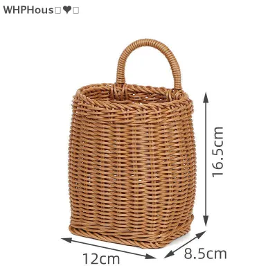 WP💓💛💖 Imitation Rattan Kitchen Storage Basket Brown With Handle Hand-woven Hanging Baskets Vegetable Fruit Flower Sundries Organizer