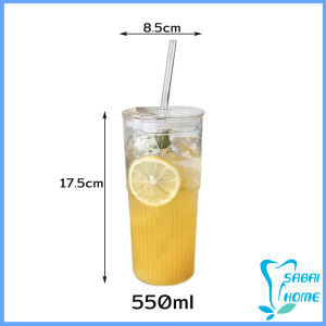 Easy แก้วเครื่องดื่มเย็น ถ้วย+ฝาแก้ว+หลอด ลายทางแนวตั้ง เรียบง่าย ชงเครื่องดื่ม ขนาด 550ml Cold drink cup
