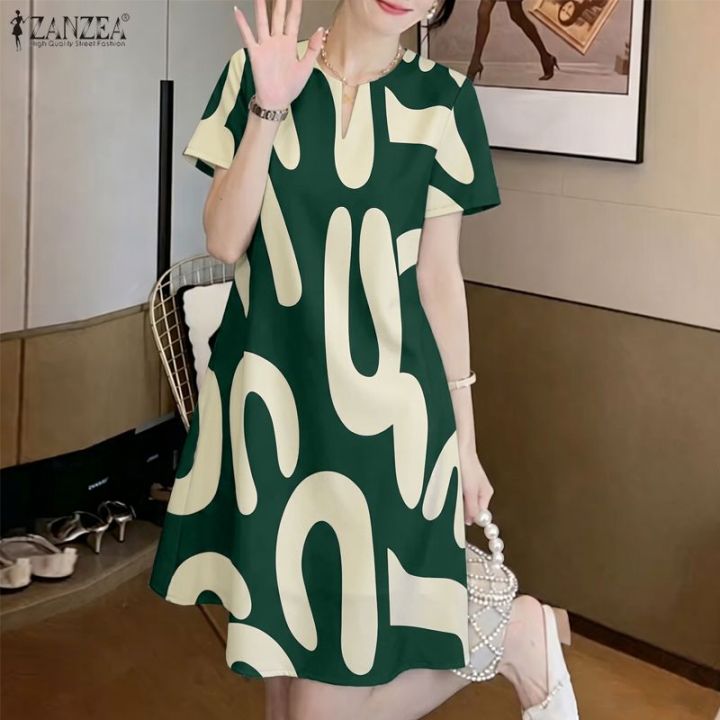 lazada mini dress ZANZEA Korean Style Women Casual V-Neck Short Sleeve Dresses Geometric  Prints Mini Dress #0601