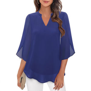 DSF Studio Casual Summer New Womens Petal Sleeve Top Loose V-Neck Chiffon Shirt