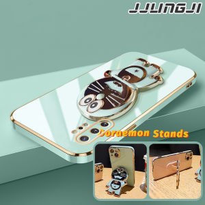 JJLINGJI Casing Ponsel untuk Samsung Note 10 Plus Note 20 Pro Note 20 Ultra Case HP pola Doraemon tepi mewah Plating Kesing silikon Softcase kamera Casing Phone Stands