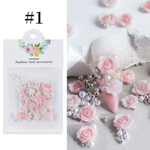 BORN PRETTY 30Pcs Pink Rose Flower 3D Nail Rhinestone Decoration Nail Jewelry Colorful Mixed Pearl Beads Charms Valentines Nail Arts Supply