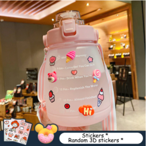 1400ml Cute Girls Water Bottle with Stickers Straw Big Belly Cup Sports Bottle for Water Jug Children Female Kettle with Strap