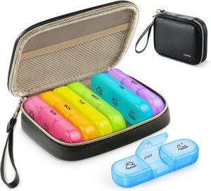 AUVON Weekly Pill Organizer 3 Times a Day Large Pill 7 Day with A PU Leather Bag Protabel Travel Pill Case Medication Reminder Daily Pill 3 Times a Day for Vitamins Fish Oils Supplements