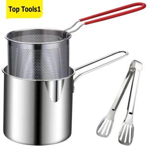Kitchen Fryer with Strainer & Food Tongs Stainless Steel Tempura Fryer Pan Deep Fryer Pot Chicken Fried Cooking Tools