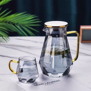 【One Cat Shop】  Luxury Nordic Diamond Glass Pitcher with 4 Cups High Heat & Cold Resistant Tea Cup Kettle Set Juice Water Amber Glassware Drinkware