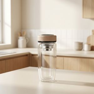 Bình giữ nhiệt Thủy Tinh Hai Lớp Nắp Inox Phối Da Màu Be Đựng Thức Uống - 500ml [ BGN008 ]