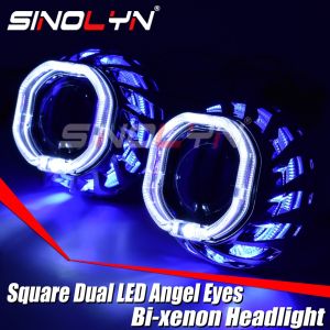 Sinolyn 2.5 Inch Dual LED Square Angel Eyes Bi-xenon Lenses For H7 H4 Headlight Projector Light Spiral Hot Wheel Car Accessories