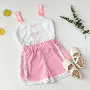 Bear Leader Baby Girls Casual Clothes Suits Bow Print Sports Summer Suspenders T-shirt + Polka Dot Lace Patchwork Shorts 2 Pieces Suits Outfits 3-7 Years Home Kids Clothing