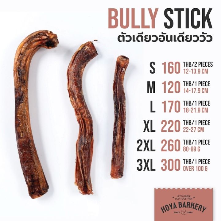 Hoya Barkery Bully Sticks dog treats ตัวเดียวอันเดียววัวอบแห้ง ขนมน้องหมา มีหลายขนาด