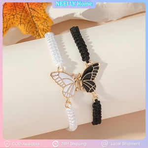 2Pcs Braided Rope Women Bracelet Black White Blue Pink Splicing Butterfly Girl Friendship Couple Braclet For Bestie Adjustable ﻿