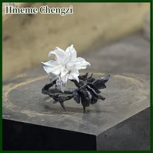 Hmeme Mandala Flower Exquisite Black And White Ring For Women Personality Metal Punk Party Finger Ring Fashion Jewelry Accessories