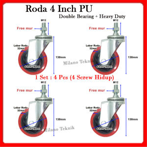 Roda 4 inchi PU (1set:4pcs Screw hidup)+Double bearing Troli Heavy Duty taiwan