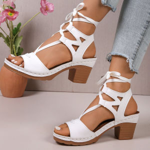 [Free Shipping] Plus-Size Chunky-Heeled Sandals New Spring/Summer Collection Featuring A Hollowed-Out Design A Fish-Mouth Opening And Crisscross Straps Creating An Elegant And Stylish Look For Women