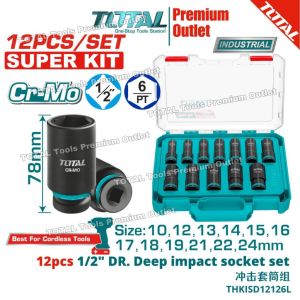 TOTAL Tools 12pcs H/Duty Cr-Mo 1/2" *Length 78mm DR. Deep impact box socket set 冲击套筒组 THKISD12126L