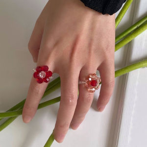 [haoh] แหวนลูกปัดคริสตัลแบบวินเทจแหวนแบบยืดหยุ่นทำด้วยมือสำหรับผู้หญิงเครื่องประดับโบฮีเมียนของขวัญสำหรับงานเลี้ยง