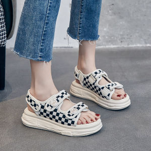 [Free Shipping] Summer Houndstooth Sandals For Women 2025 New Korean Style Thick-Soled With Velcro Straps Suitable For Students And Beach Wear