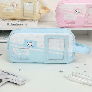DIVATEN Multi Colors Pencil Case Polka Dot Kitten Print with Handle Pencil Pouch Portable Large Capacity Stationery Organizer Gift