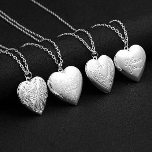 925 Sterling Silver Love Heart Locket Necklace Carved Floating Photo Memory Pendant Delicate Fashion Jewelry Romantic Valentine Present For Women Daily Matching Accessory