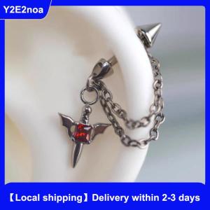 【Local shipping】 Red Zircon Wing Chain Piercing Earring For Women Men Gothic Silver Color Rivet Ear Bone Nail Earring Y2K Jewelry Accessories