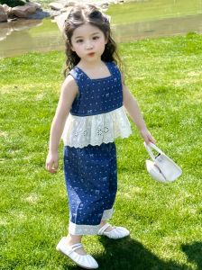 C MALL ชุดเซ็ต 2 ชิ้น เสื้อแขนกุด+กางเกงขายาว สำหรับเด็กผู้หญิง (สีน้ำเงิน) รุ่น LL077