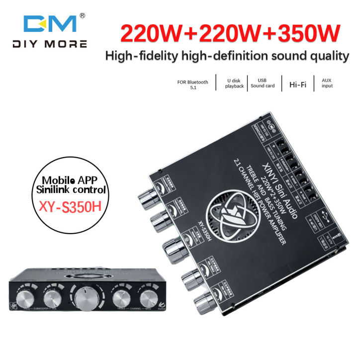 Diymore XYS350H 2.1 Channel 220WX2+350W 5.1 Bluetooth Power Amplifier Board Module High and Low Bass Subwoofer TPA3255 Power Amplifier Chip Supports Sinilink-APP DC18V-38V/10A