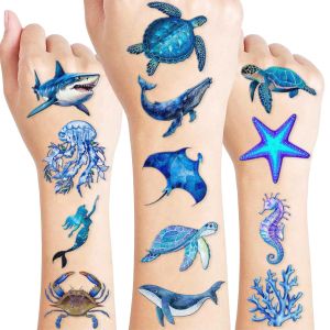 60 PCS Ocean Pre-Cut Temporary Tattoos Themed Birthday Party Decorations Favors Supplies Décor Shark Sea Turtle Whale Fish Tattoo Stickers