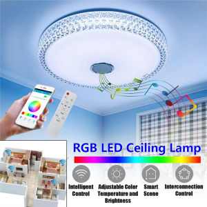 Angelila 15inch 72W Music Smart Ceiling Light with Bluetooth Speaker and Remote Control Color Changeable Modern LED Down Ceiling Light with Crystal Border for Living Room Bedroom Kids Room
