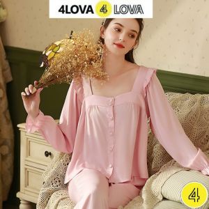 Bộ Quần Áo Mặc Nhà 4LOVA Lụa Latin Cao Cấp Thiết Kế Áo Dài Tay Nơ Lưng Quần Dài EVA163 - Bộ lụa dài tay Pansy