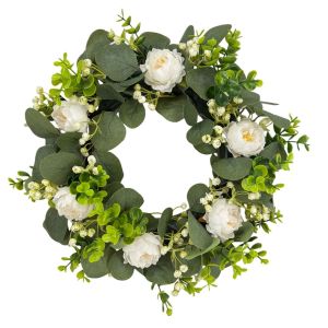 GOXBERK 38cm Vòng hoa nhân tạo gồm hoa mẫu đơn và cây bạch đàn. Tròn Lá xanh. Đồ trang trí treo cửa Bền bỉ Có thể tái sử dụng. Dây hoa giả treo Cửa sổ