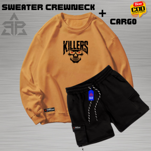 (COD) One Set Stelan swetear shorts pants chargo Pria & Wanita Bahan Katun Fleece Adem Lembut Stelan Crewneck Celana Kargo Pendek Motif Killers Size M - XXL