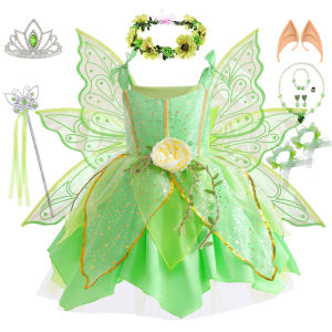 Tinker Bell Fairy Dress Baby Girl Fantasy Forest Elf Cosplay Costume Kids Green Leaf Glitter Gowns Child Halloween Outfits 2-10T