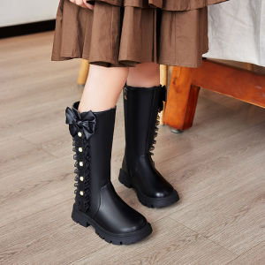 DTNOW Sweet Bowknot Decoration Knee Boots Girl Winter Fashion Thick Bottom Side Zip Riding Boots Warm Short Plush Booties Child