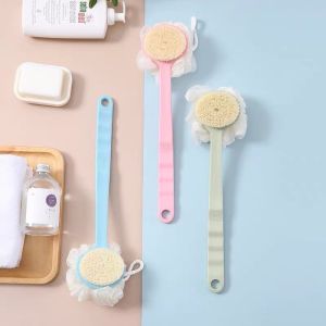 Korean style double-sided bath scrub brush with flower ball on the back long handle for mud and soft fur scrubbing large scrubbing tool