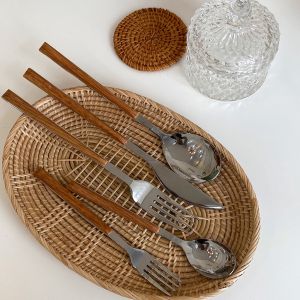 Imitation Wood Handle Spoon Fork Coffee Spoon Fruit Fork Cutlery Set Stainless Steel Spoon Fork Dessert