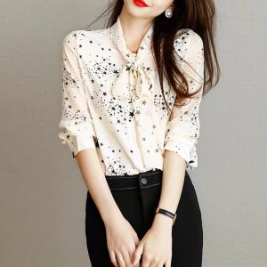【24H Delivery】New Korean Fashion Loose Blouse Chiffon Long Sleeve Printed Top Ladies Shirt