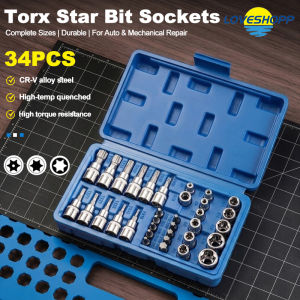Professional 34PCS Torx Bit Socket & E-Torx Star Socket Set 1/4" 3/8" 1/2" Drive Male Female E-torx Bits Handheld Tool with Case