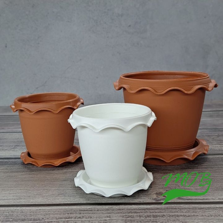กระถางปากจีบพร้อมจานรอง สีอิฐและสีขาว