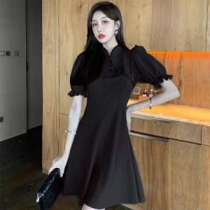 New Year Chinese Style Red Stand-up Collar Puff Sleeve Cheongsam Button Dress Womens Summer New Mid-length A-line Skirt 2024新年衣服