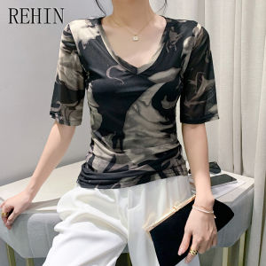 REHIN Autumn Fashion Mesh Printed Short Sleeve V-Neck T-shirt Slim-Fit Korean Stylish and Trendy Women Blouse