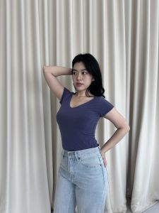 SomethingSweet - MOLLY Bodysuit Wanita l Atasan Wanita l Bodysuit Basic Lengan Pendek l Leher V Neck Wanita | Atasan Polos Perempuan | Kaos Spandex