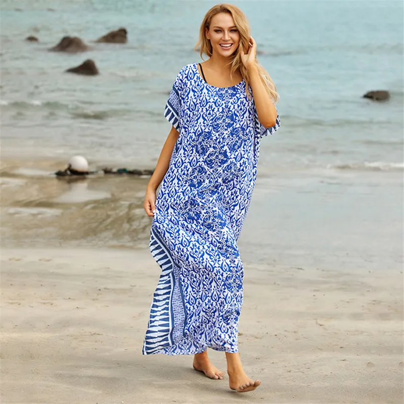 2024 Plus Size Cotton Beach Cover Ups Pareo Beach Dress Boho Print Maxi Dress Women Bathing Suit Cover Up Lazada