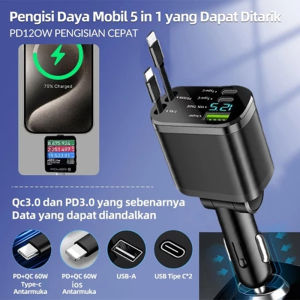120W Fast Charging Car Charger Mobil & Motor With Rectractable Cable 5 In 1 USB Type-C Dan Iphone