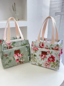 Large Floral Lunch Bag Insulated Bento Bag Portable Thermal Cooler Handbag For School Work Picnic