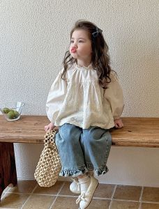 Kids Jeans Girls New 2025 Spring Autumn Children Fashion Casual Wide-leg Pants Ruffled Trousers Princess Sweet and Lovely2026
