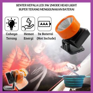 Senter Kepala LED 3W 2 Mode Super Terang Menggunakan Baterai A2 Head Lamp Lampu Penerangan Hiking Camping Batre AA Emergency Head Light 3 Watt 180° Adjustable - FR Gallery