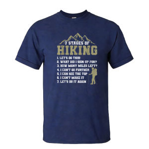 [Local Stock] HBESTY  7 STAGES OF HIKING Summer Men Cotton T-Shirts Vintage Distressed Mountain Print Backpack Hiker Humor Camping Holiday Apparel