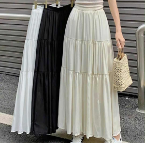 Dah Layered Boho Summer Plain Color  Korean Maxi Long Skirt